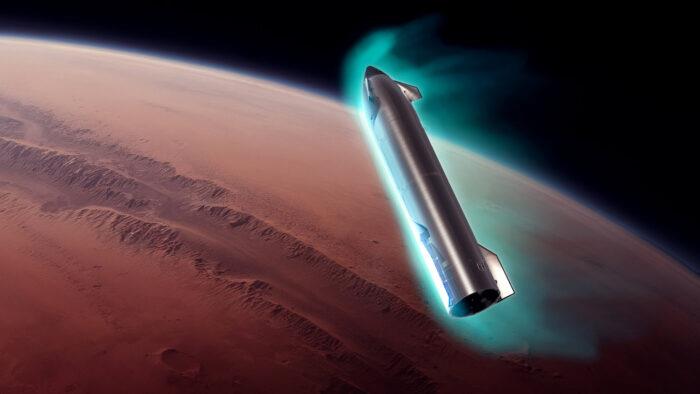 Zatím vize: Starship se brzdí před přistáním o atmosféru Marsu (Zdroj: SpaceX)